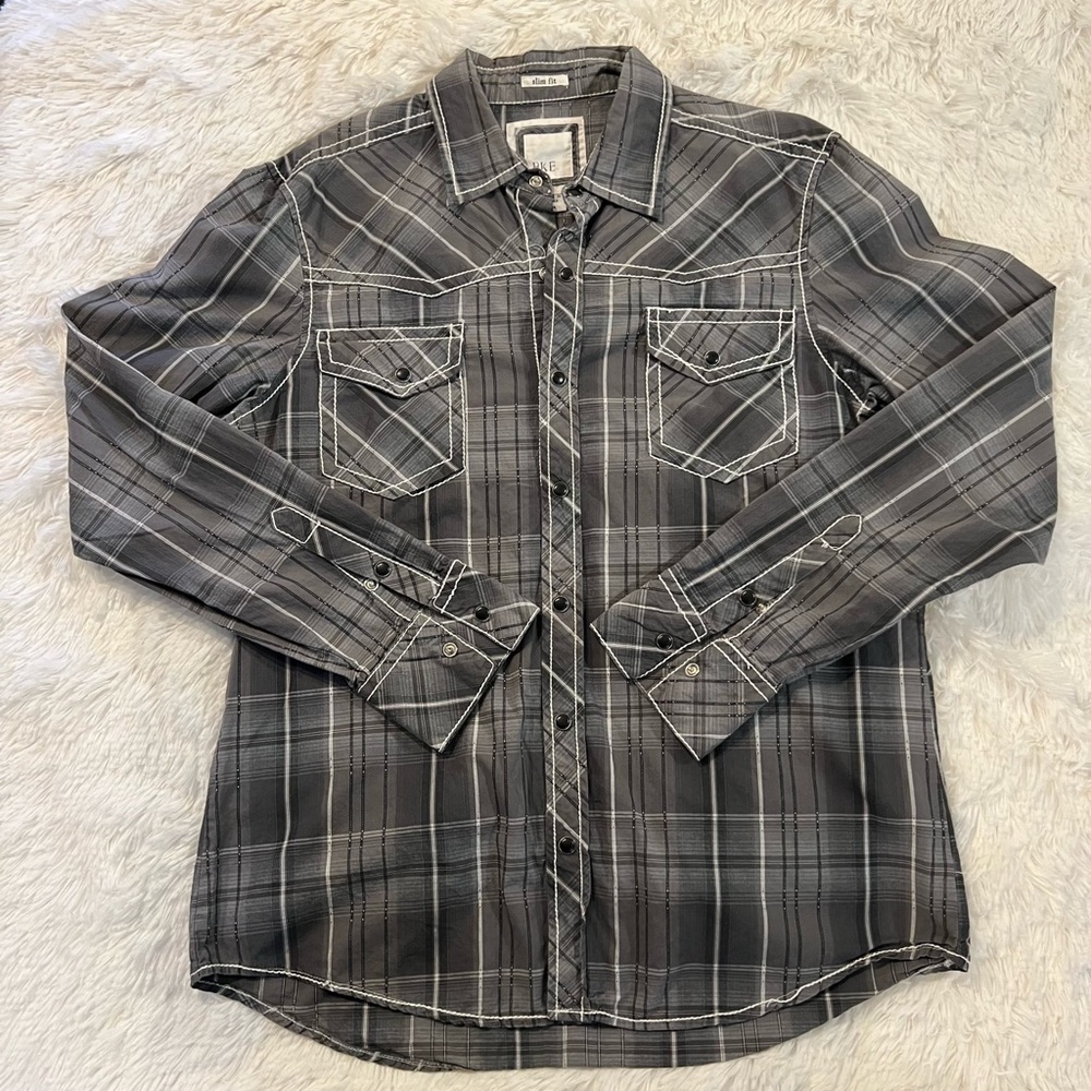 Buckle BKE Long Sleeve Casual Fitted Slim Fit Black Snap Down Plaid Shirt Medium